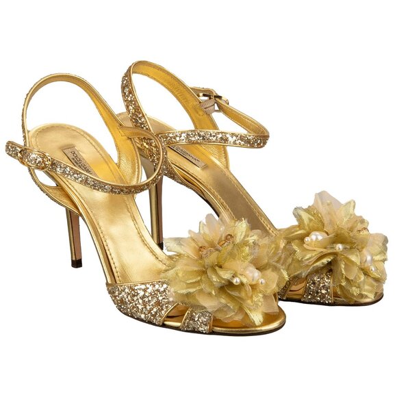 Dolce & Gabbana - Glitter Pearl Crystal Brooch Sandals Pumps BIANCA Gold 39.5 US - Picture 1 of 5
